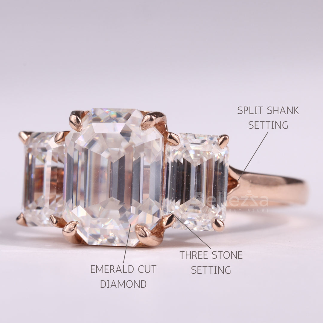 1.50CT Emerald Cut Three Stone Moissanite Engagement Ring