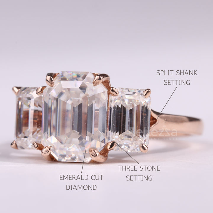 1.50CT Emerald Cut Three Stone Moissanite Engagement Ring