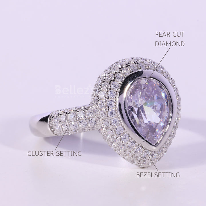 1.0CT Pear Cut Bezel Cluster Diamond Moissanite Engagement Ring