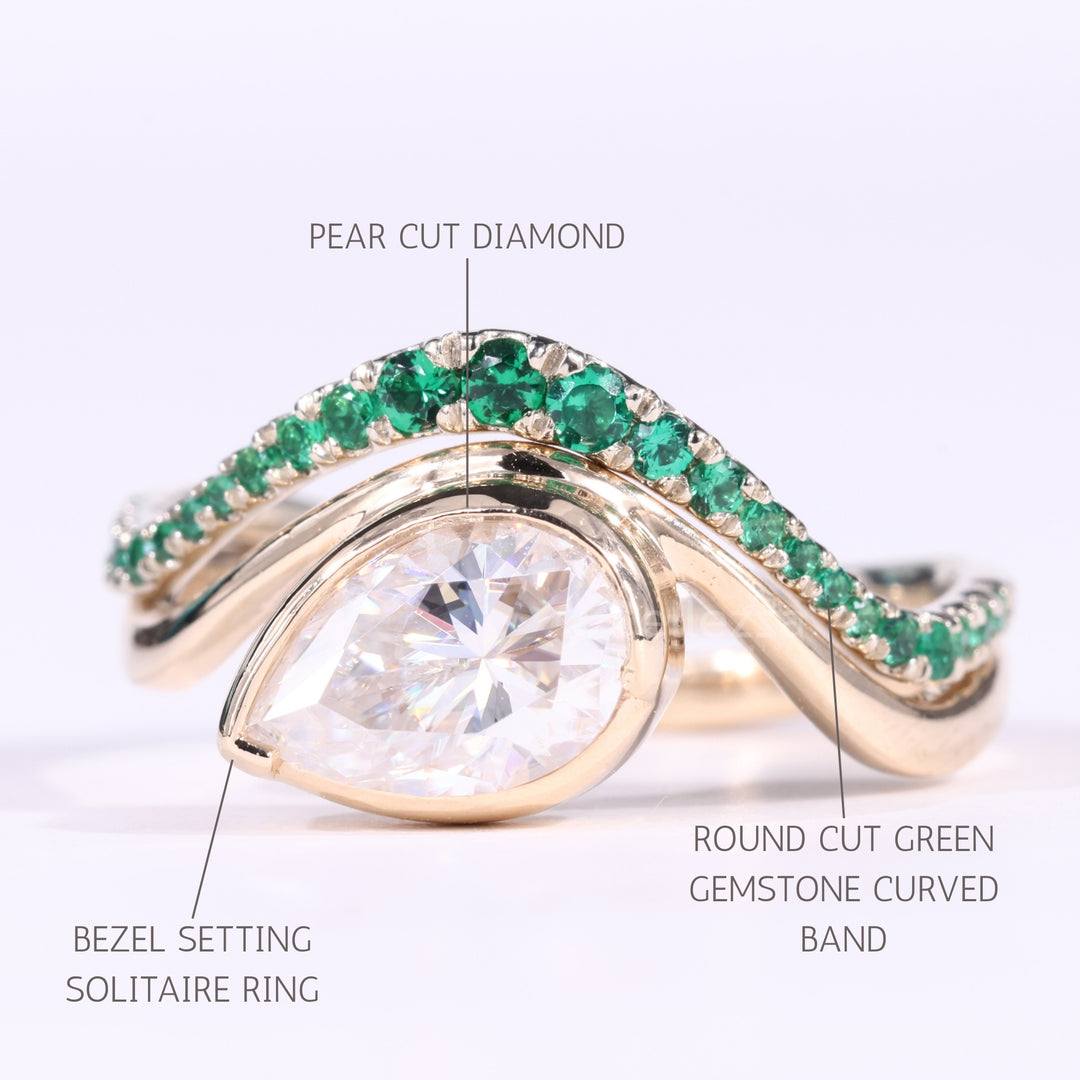 1.0CT East-West Pear Cut Unqiue Curved Green Gemstone Bridal Ring Set