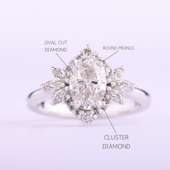 1.0CT Oval Cut Cluster Diamond Moissanite Engagement Ring