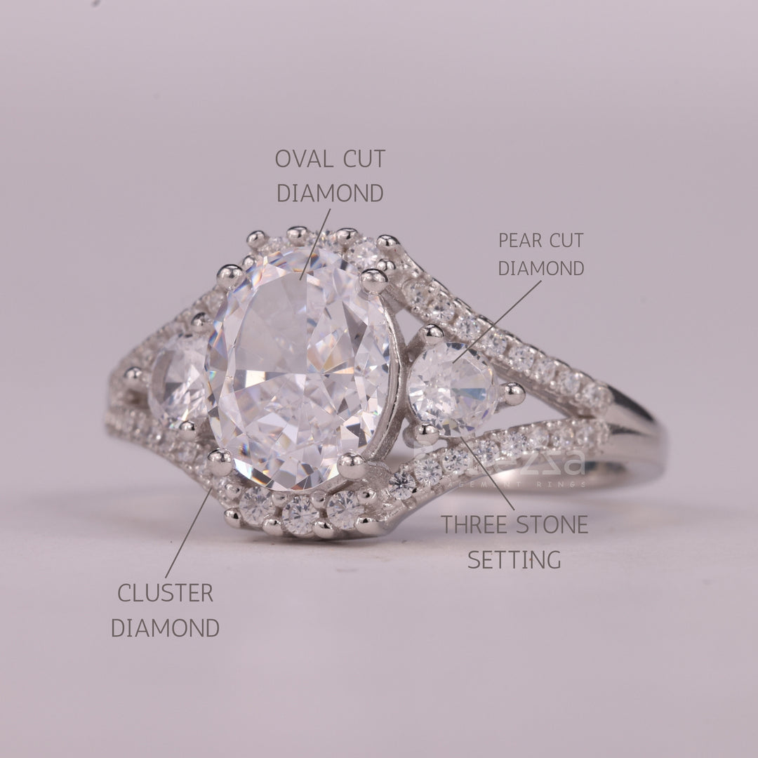 1.0CT Oval Cut Three Stone Split Shank Pave Set Engagement Ring