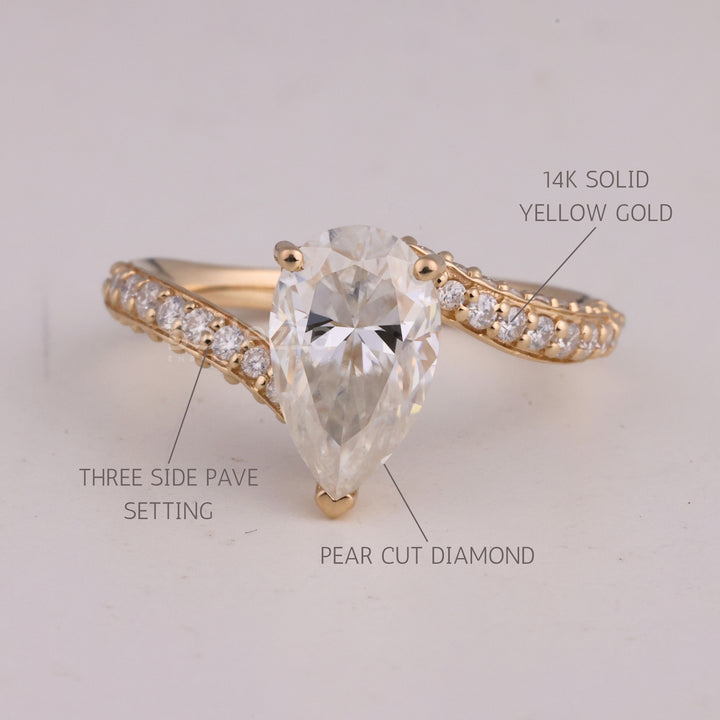 1.0CT Pear Cut Three Side Pave Setting Moissanite Engagement Ring