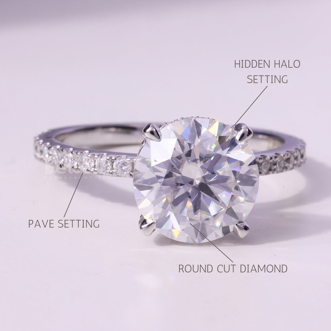 1.0CT Round Cut Hidden Halo Pave Setting Moissanite Engagement Ring