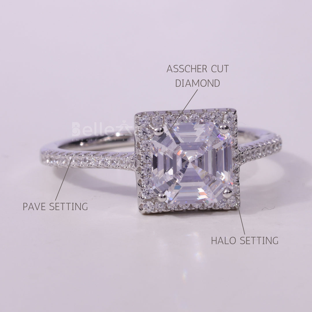 1.0CT Asscher Cut Diamond Halo Pave Setting Moissanite Engagement Ring