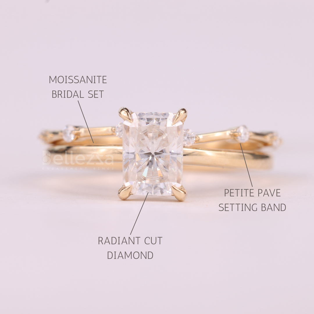 1.0CT Radiant Cut Hidden Halo Moissanite Bridal Ring Set