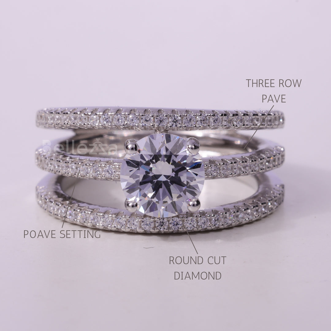 1.0CT Round Cut Unique Two Row Pave Setting Engagement Ring