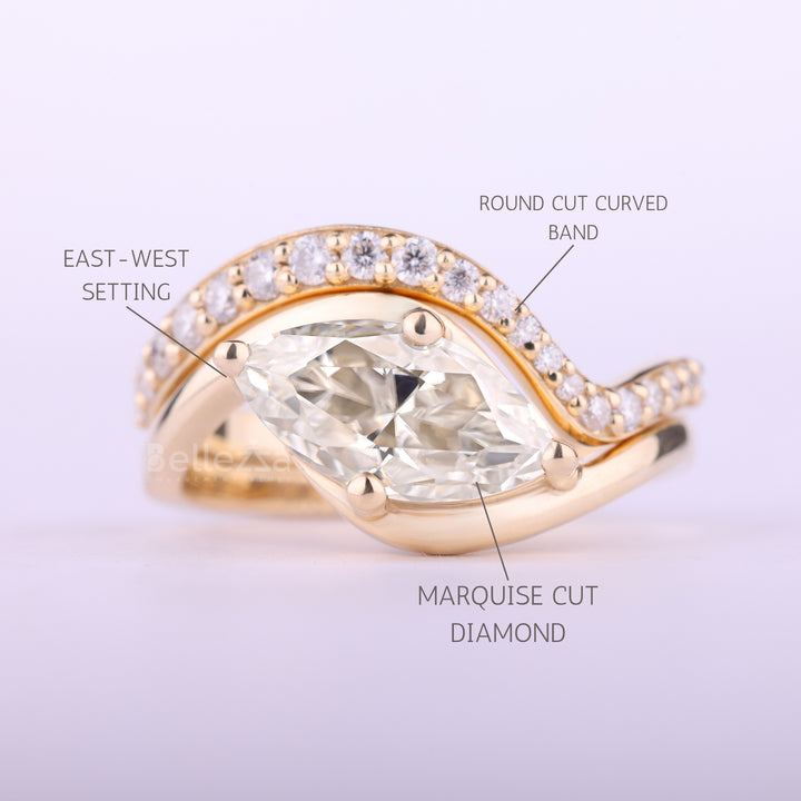1.50CT East-West Marquise Cut Curved Moissanite Bridal Ring Set