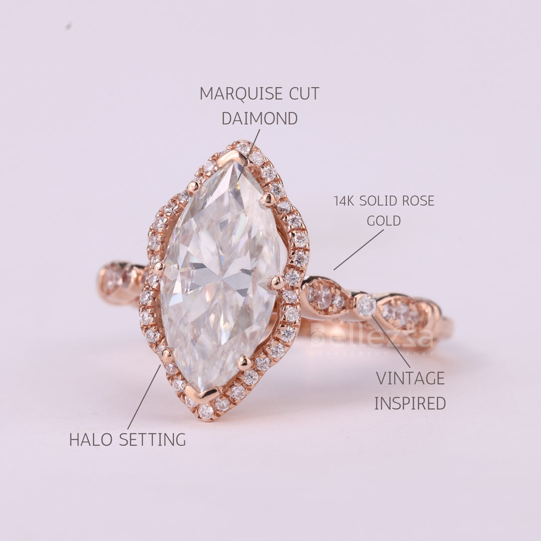 2.50CT Marquise Cut Vintage Inspired Halo Moissanite Engagement Ring