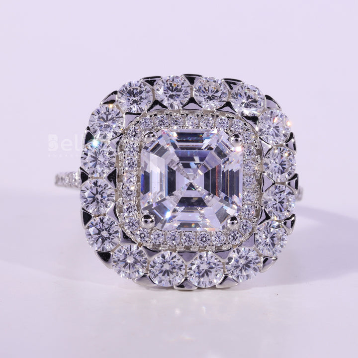 1.0CT Asscher Cut Double Halo Moissanite Engagement Ring