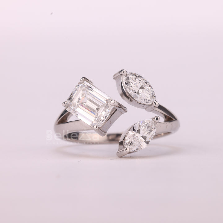 1.50TCW Emerald & Marquise Unique Open Three Stone Engagement Ring