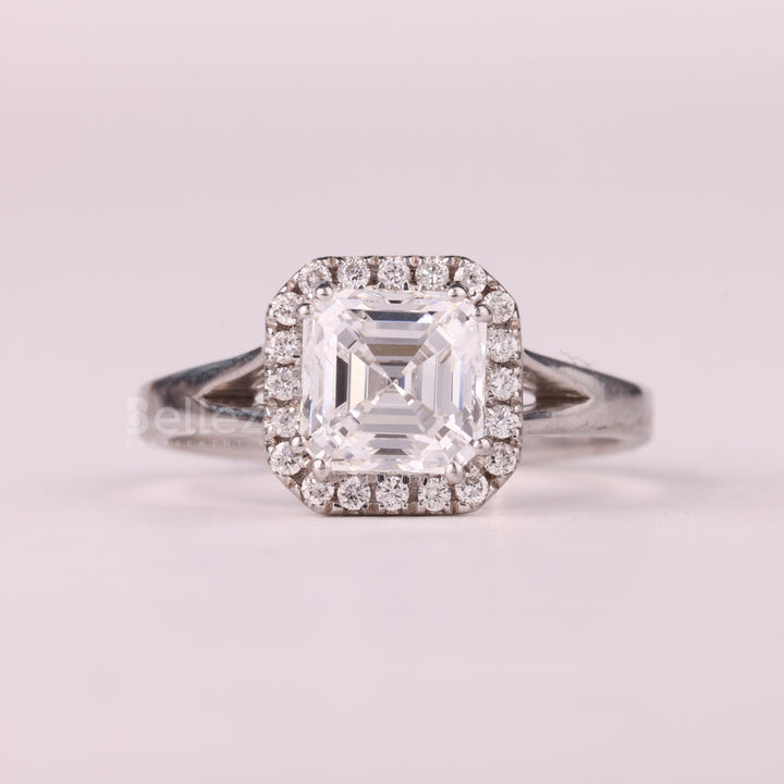 1.0CT Asscher Cut Halo Setting Split Shank Moissanite Engagement Ring