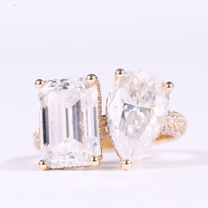 2.0CTW Emerald & Pear Cut Toi Et Moi Three Side Pave Set Engagement Ring