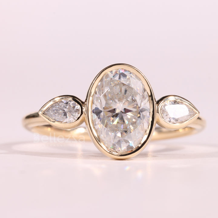 1.50CT Oval Cut Bezel Setting Moissanite Three Stone Engagement Ring