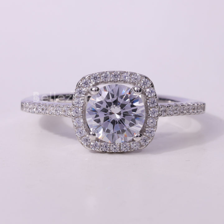 1.0CT Round Cut Halo Pave Setting Moissanite Engagement Ring