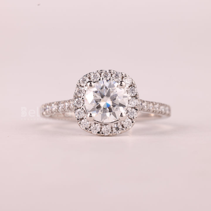 1.0CT Round Cut Halo Pave Setting Moissanite Engagement Ring