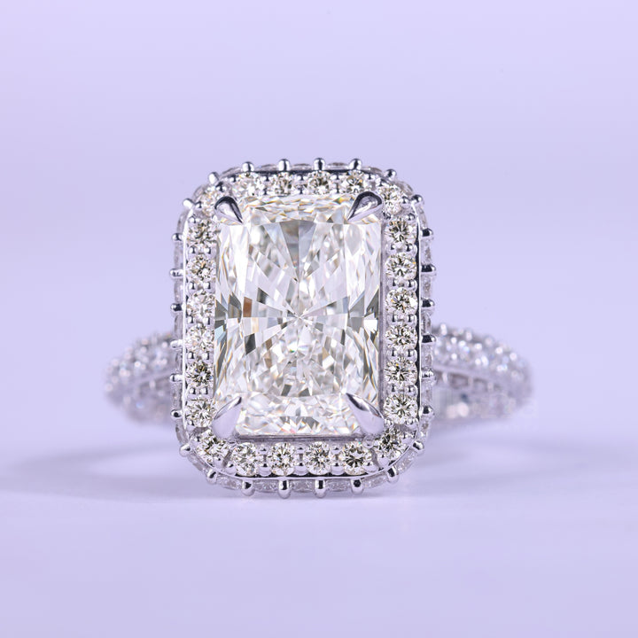 2.0CT Radiant Cut Three Side Pave & Halo Set Moissanite Engagement Ring