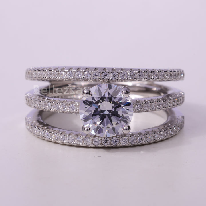 1.0CT Round Cut Unique Two Row Pave Setting Engagement Ring