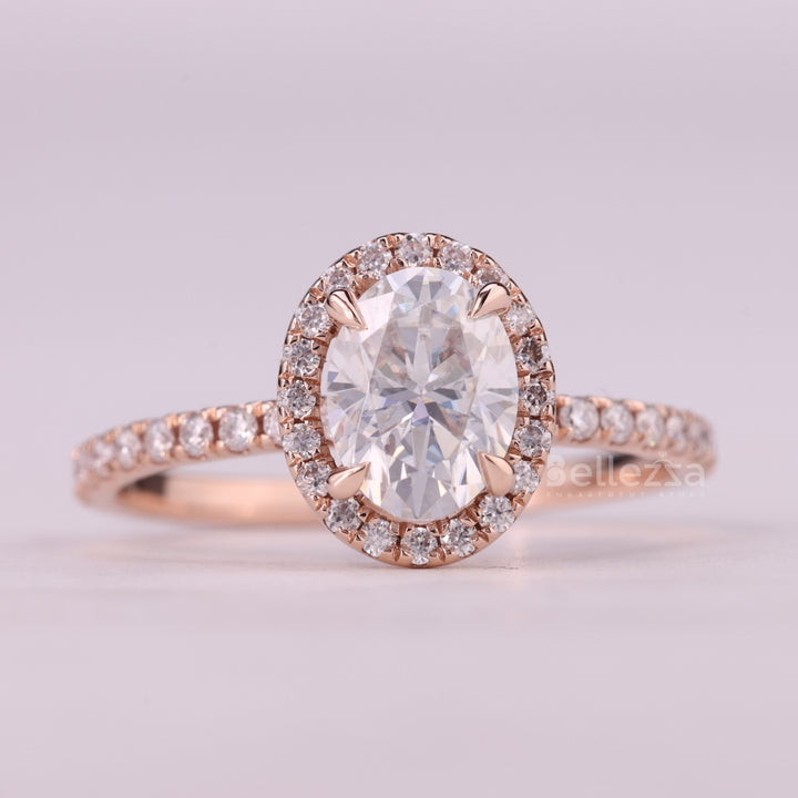 1.0CT Oval Cut Halo Pave Setting Moissanite Engagement Ring