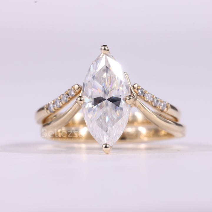2.0CT Marquise Cut Cluster Set Curved Moissanite Bridal Ring Set