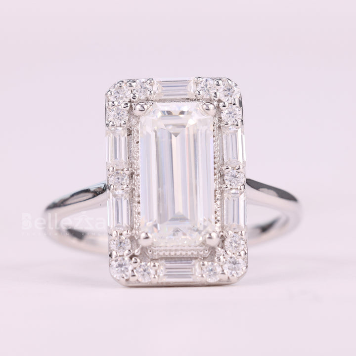 1.50CT Baguette Cut Halo Cluster Diamond Moissanite Engagement Ring