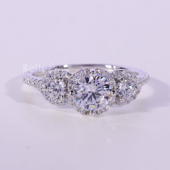 0.50CT Round Cut Three Stone Halo Setting Moissanite Engagement Ring