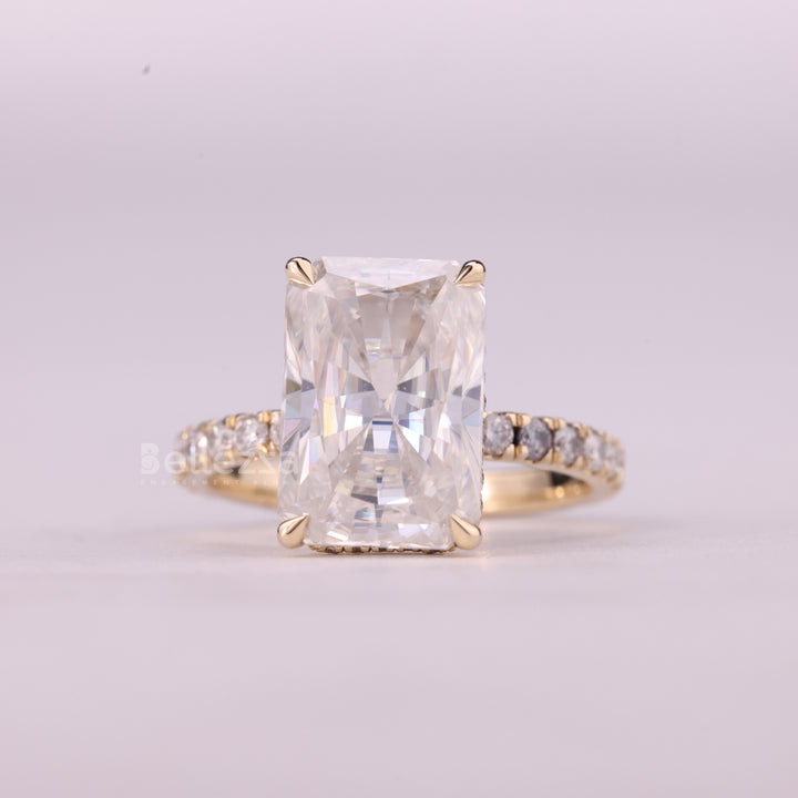 5.0CT Radiant Cut Hidden Halo Pave Setting Moissanite Engagement Ring
