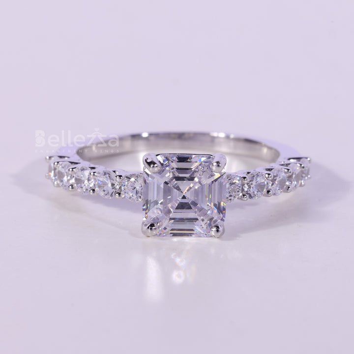 1.0CT Asscher Cut Pave Setting Moissanite Engagement Ring