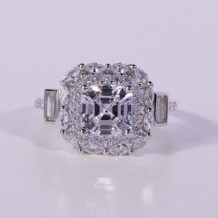 1.0CT Asscher Cut Cluster Diamond Moissanite Engagement Ring