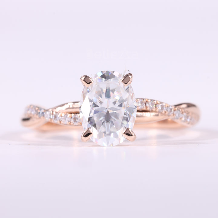 1.0CT Oval Cut Twisted Pave Setting Moissanite Engagement Ring
