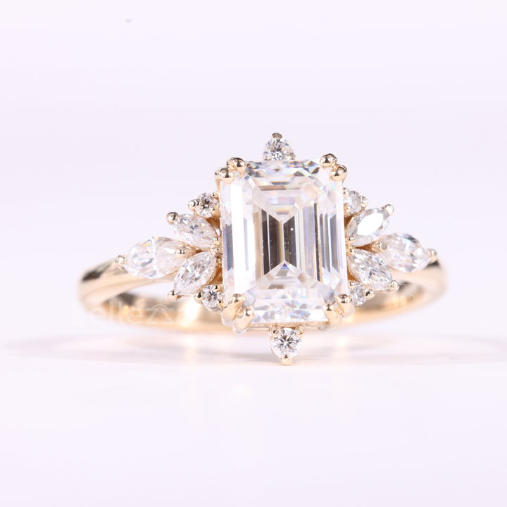 1.00CT Emerald Cut Cluster Diamond Moissanite Engagement Ring