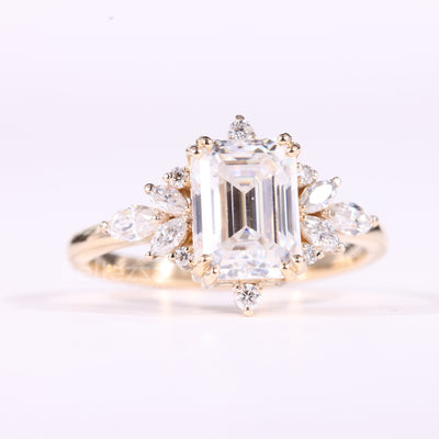 1.00CT Emerald Cut Cluster Diamond Moissanite Engagement Ring