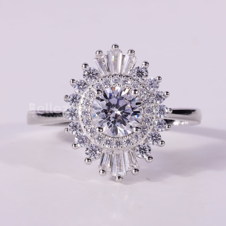 0.50CT Round Cut Halo Cluster Diamond Moissanite Engagement Ring