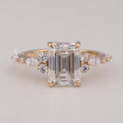 1.50CT Emerald Cut Cluster Diamond Moissanite Engagment Ring