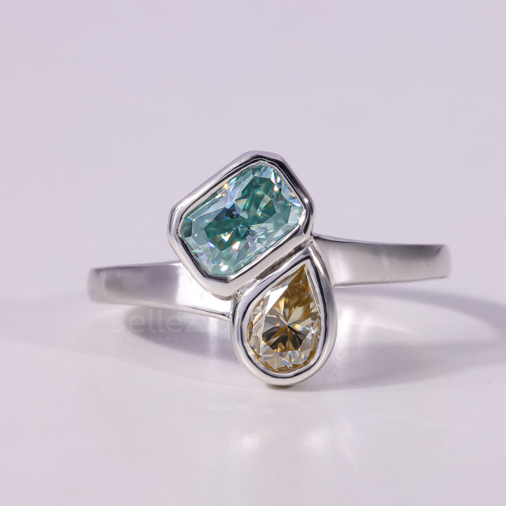 1.0CTW Radiant & Pear Cut Color Diamond Toi Et Moi Engagement Ring