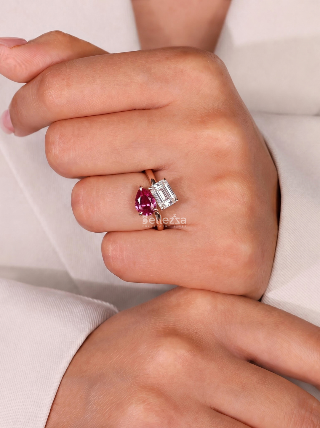 2.0CT Ruby Pear & Emerald Cut Diamond Toi Et Moi Lab Grown Engagement Ring
