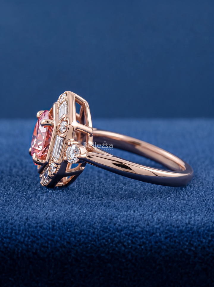 2.0CT Pink Round Lab Grown Diamond Geometric Halo Engagement Ring