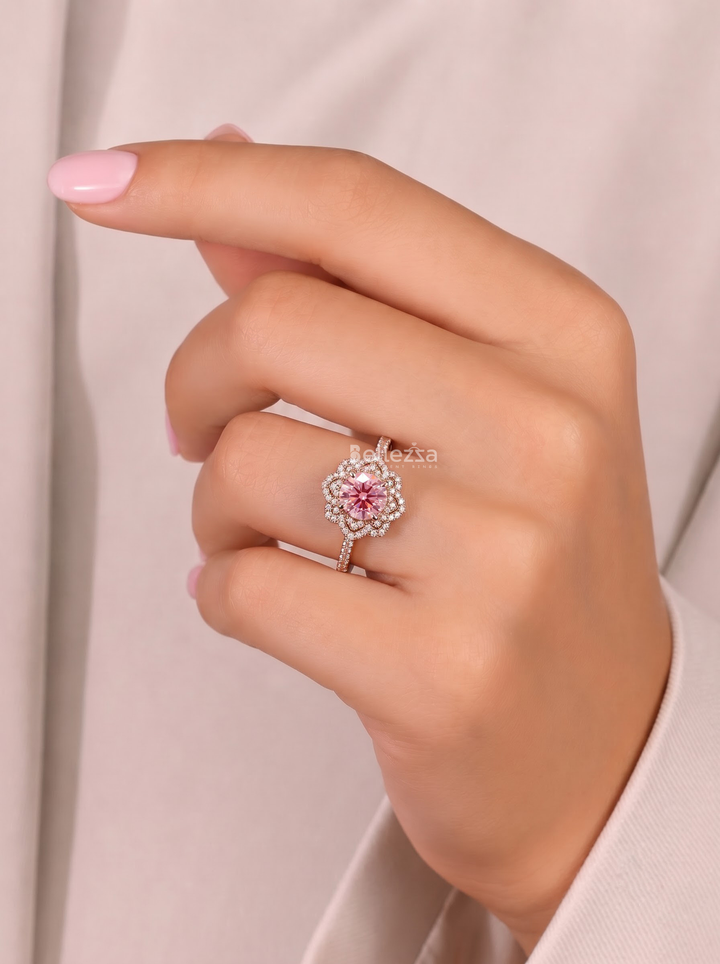 1.0CT Pink Round Lab Grown Diamond Floral Halo Engagement Ring