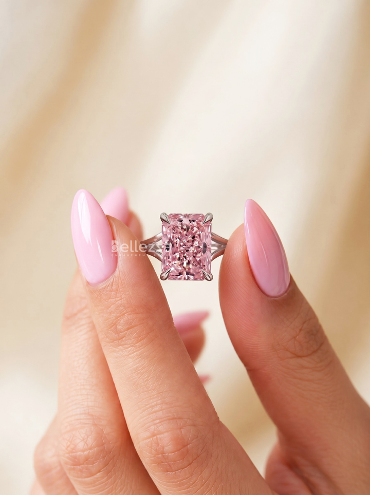 3.0CT Pink Radiant Lab Grown Diamond Split Shank Engagement Ring