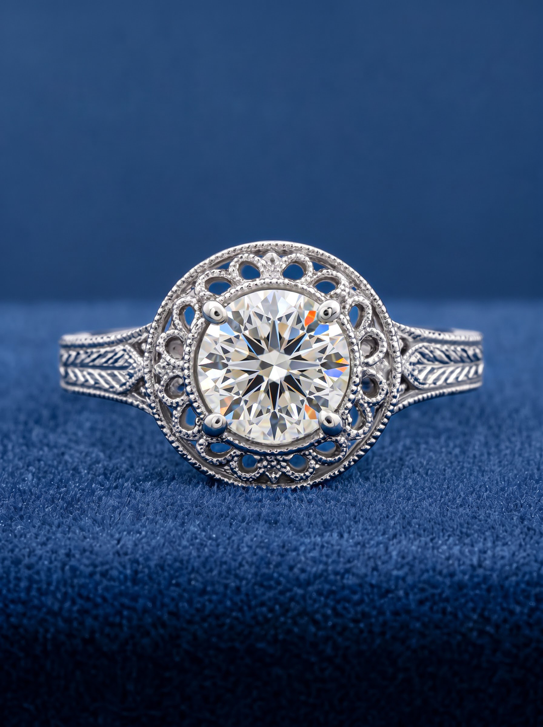 1.0CT Round Diamond Filigree Milgrain Engagement Ring For Women