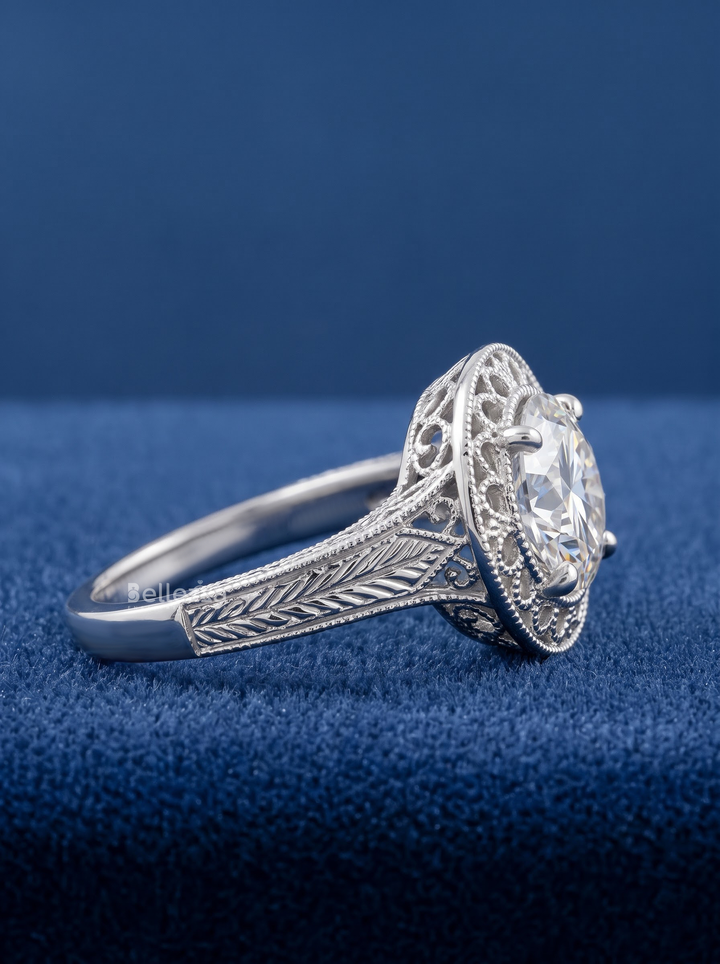 1.0CT Round Diamond Filigree Milgrain Engagement Ring For Women