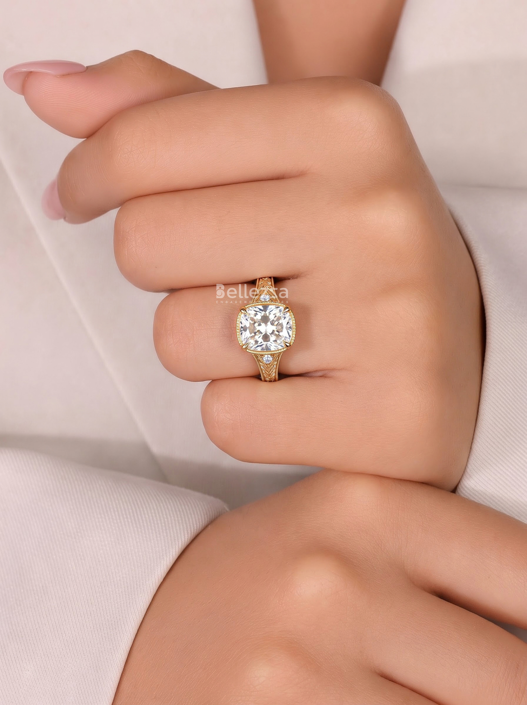 2.50CT Cushion Lab Grown Diamond Engraved Milgrain Engagement Ring