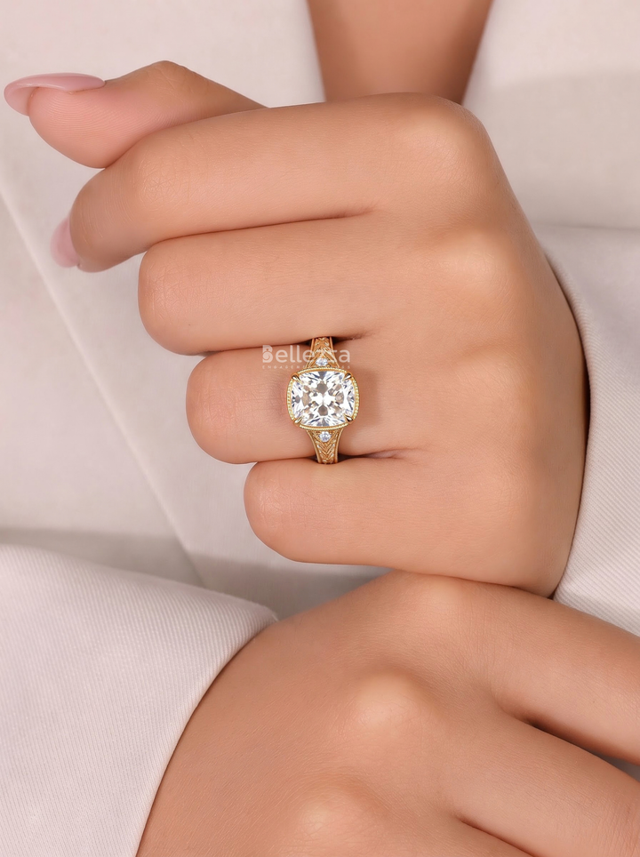 2.50CT Cushion Lab Grown Diamond Engraved Milgrain Engagement Ring