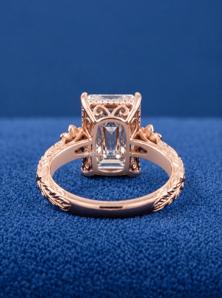 3.0CT Emerald Cut Floral Vine Lab Grown Diamond Engagement Ring