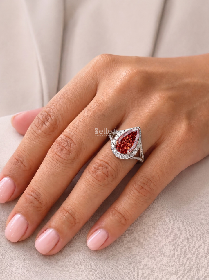 3.0CT Red Pear Diamond Halo Split Shank Engagement Ring