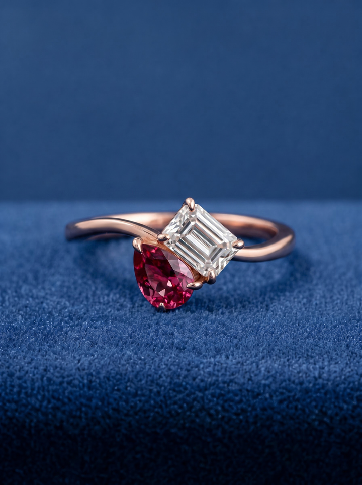 2.0CT Ruby Pear & Emerald Cut Diamond Toi Et Moi Lab Grown Engagement Ring