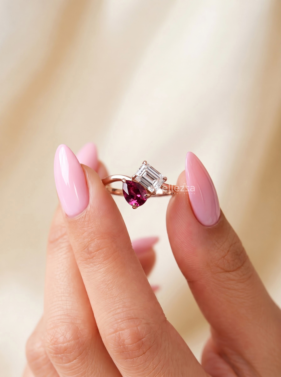 2.0CT Ruby Pear & Emerald Cut Diamond Toi Et Moi Lab Grown Engagement Ring
