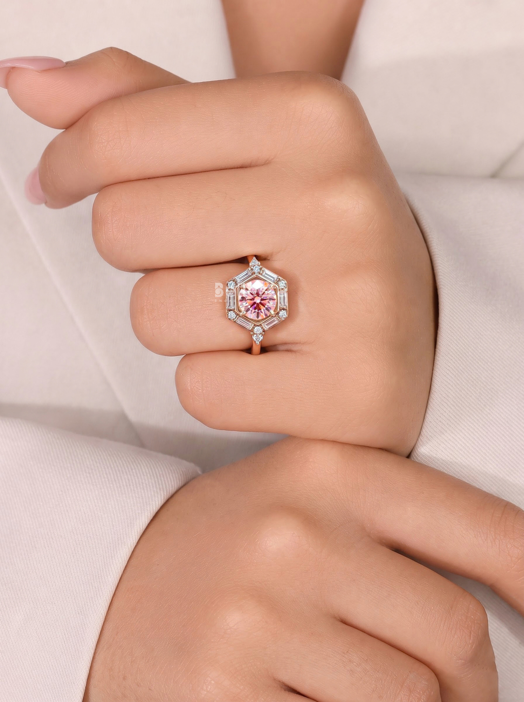 2.0CT Pink Round Lab Grown Diamond Geometric Halo Engagement Ring
