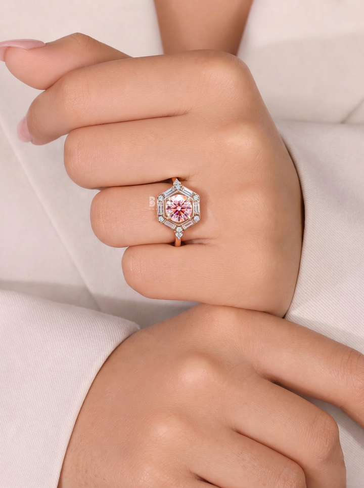 2.0CT Pink Round Lab Grown Diamond Geometric Halo Engagement Ring
