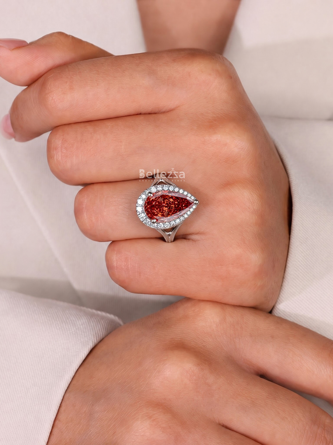 3.0CT Red Pear Diamond Halo Split Shank Engagement Ring